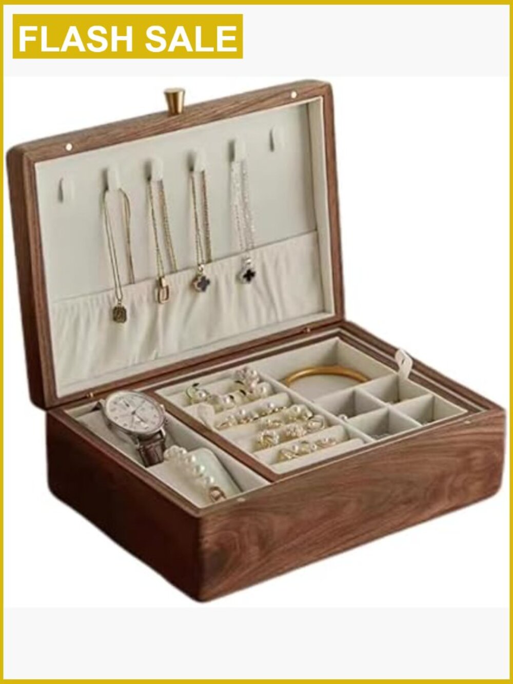 Solid Black Walnut Wood Jewelry Box With Velvet Lining, 5 Compartments